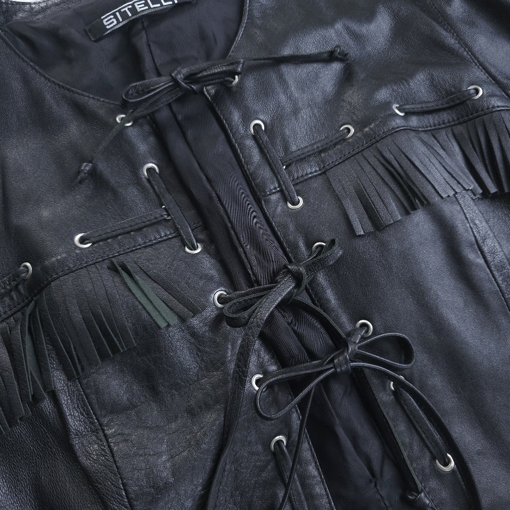 Vintage Euro Y2K Leather Floral Embroidered Fringe Lace Up Jacket - Picture 6 of 7